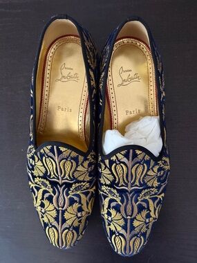 Christian Louboutin Navy and Gold Embroidered Velvet Loafers